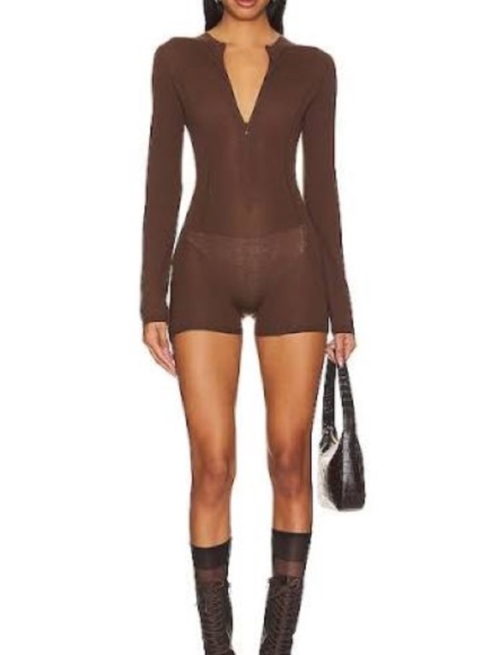 Miaou Avery 100% Merino Wool Zip-Front Romper in Chestnut - XXS - NWT DAMAGED